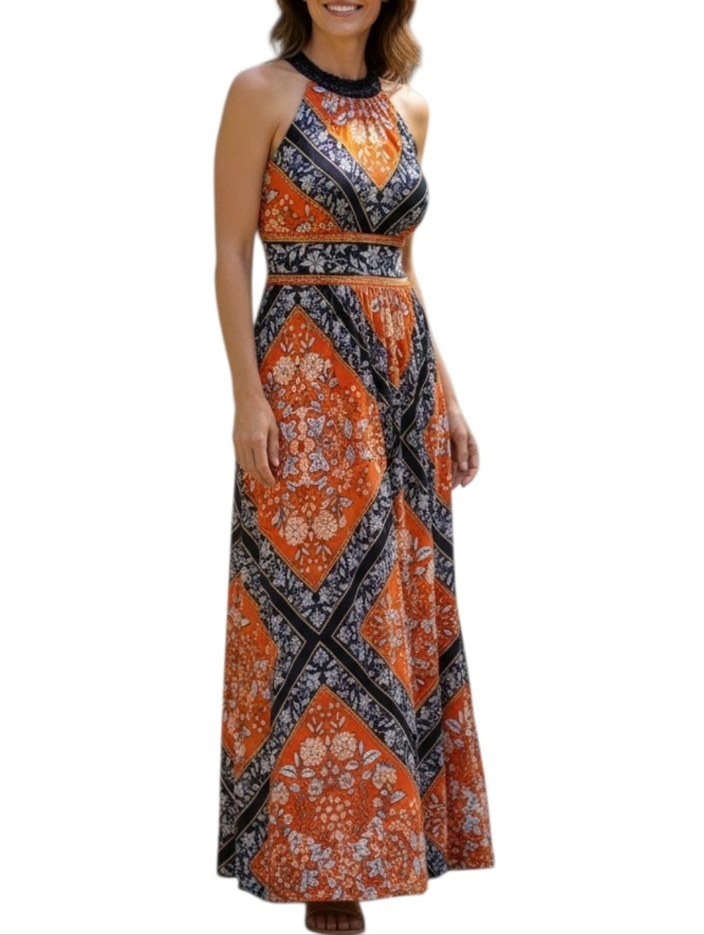 Beautiful Orange and Blue Patterned Women's Dress Size S
